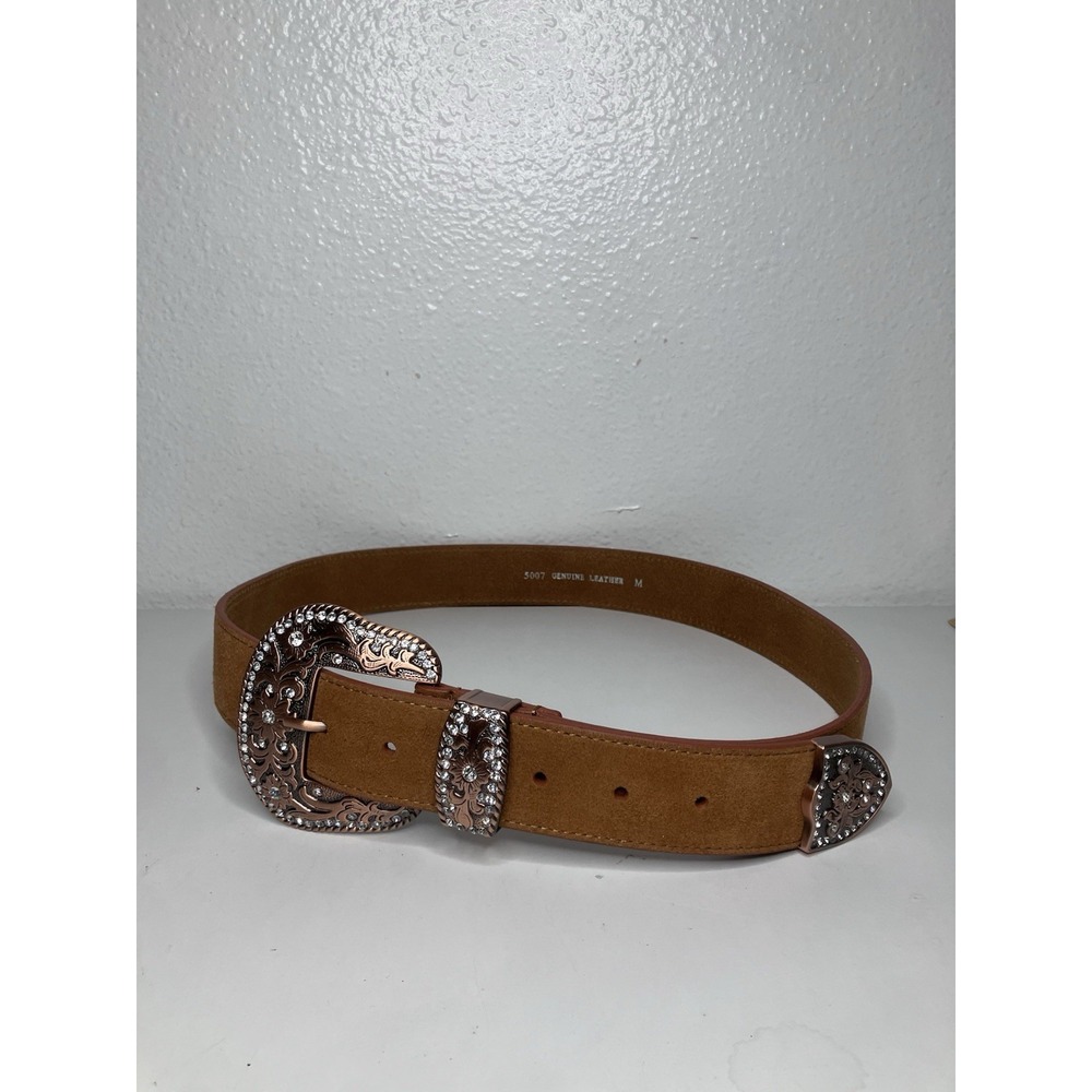 Women's Western Copper Rhinestone Chunky Bling Genuine Leather Brown Belt Medium
